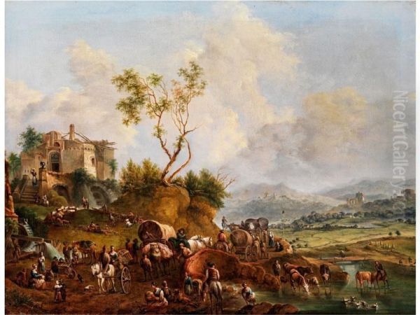 Sudliche Landschaft Mit Ruinen Undzahlreicher Figurenstaffage Oil Painting by Johann Christian Brand