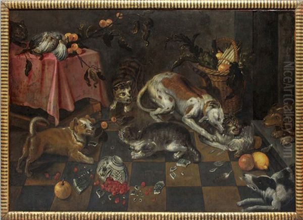 Katzen Und Hunde In Einer Stube Um Essen Kampfend, Im Vordergrund Eine Zerbrochene Wanli-schale Oil Painting by Frans Snijders