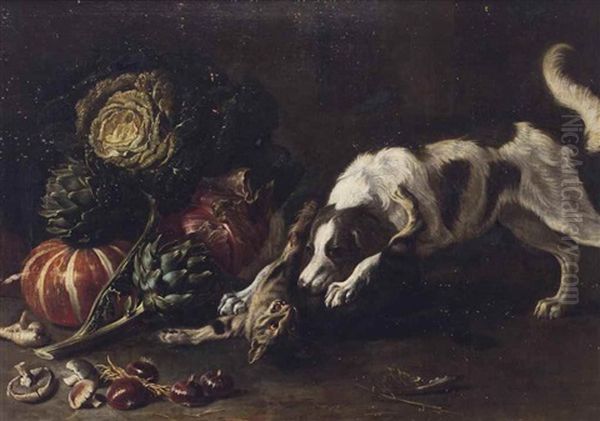 A Dog And A Cat Fighting Near Artichokes, Cabbage And Other Vegetables by Frans Snijders