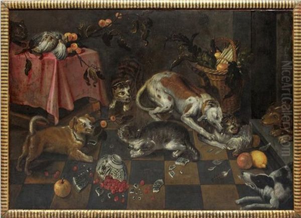 Grosformatige Darstellung Mit Katzen Und Hunden In Einer Stube Um Essen Kampfend, Im Vordergrund Eine Zerbrochene Wanli-schale Oil Painting by Frans Snijders