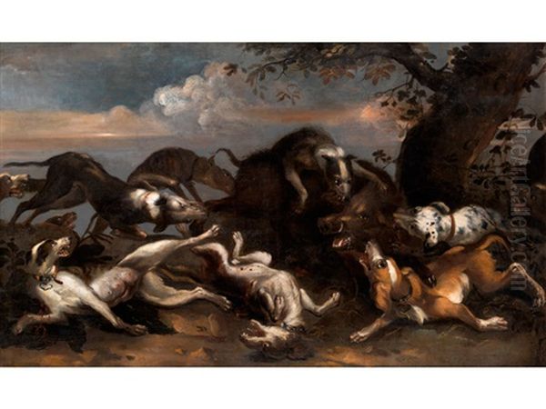 Rudel Hunde Bei Der Eberhatz (frans Snyders Und Werkstatt) Oil Painting by Frans Snijders