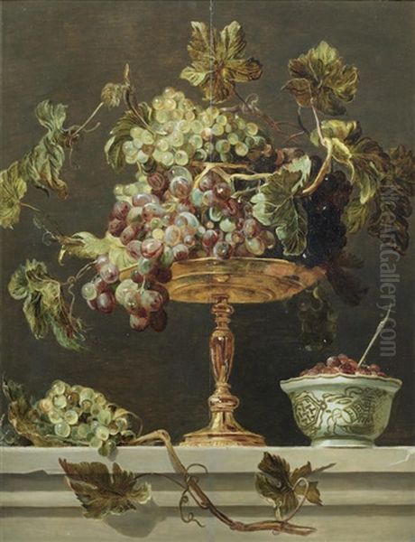 A Tazza Of Grapes With A Bowl Of Wild Strawberries On A Stone Ledge Oil Painting by Frans Snijders