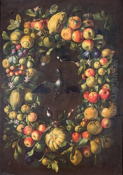 Guirlandes De Fruits, Oiseaux Au Centre Et Papillons (2 Works) Oil Painting by Frans Snijders