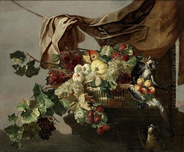 A Still Life Of Fruit In A Basket On A Stone Ledge With Two Monkeys, Beneath A Draped Curtain Oil Painting by Frans Snijders