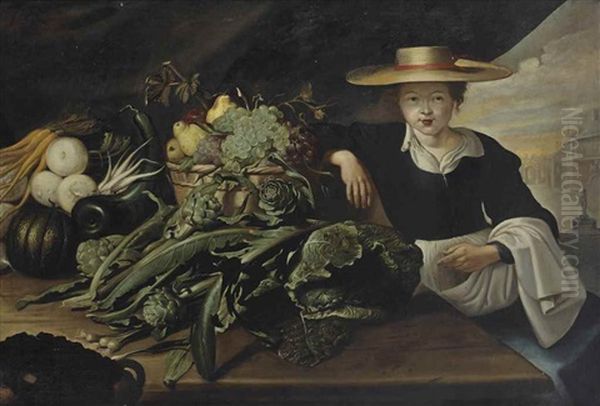 A Vegetable Seller With Cabbages, Artichokes, Turnip Cabbage, Carrots, And Other Vegetables Together With A Wicker Basket Of Fruits On A Wooden Table, A View Of A Town Square Beyond Oil Painting by Frans Snijders