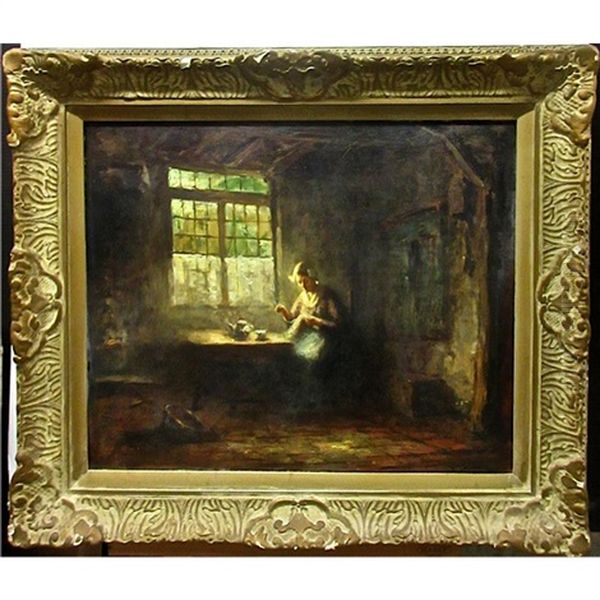 Dutch Woman Sewing By Sunlit Window Oil Painting by Jacques (Jacob Cornelis) Snoeck