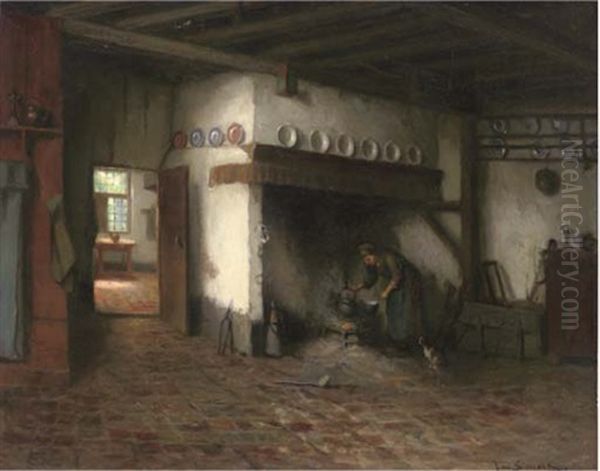 Warming The Broth Oil Painting by Jacques (Jacob Cornelis) Snoeck