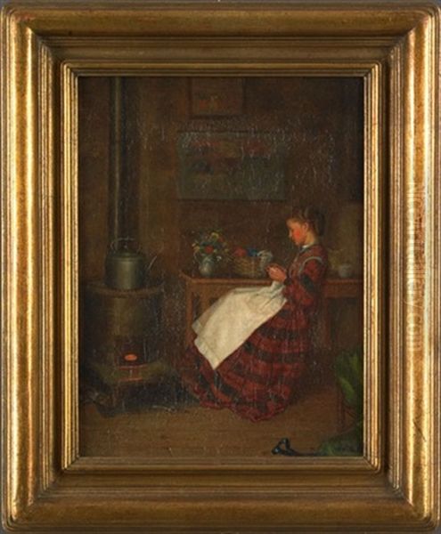 Interior Scene With A Young Girl Sewing Oil Painting by William Henry Snyder