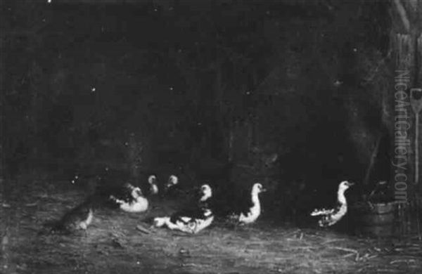 Geese In Barn Interior Oil Painting by William Henry Snyder