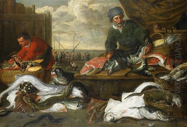 A Fish Stall With A View To Fishermen Unloading Their Catch On The Beach Beyond Oil Painting by Frans Snyders