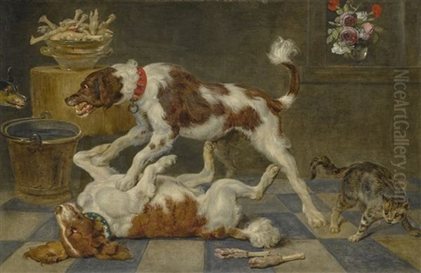 Dogs Fighting In An Interior With A Cat Nearby, A Third Dog Looking In From The Left Oil Painting by Frans Snyders