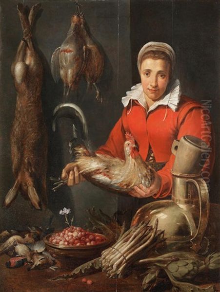 A Kitchen Maid Holding A Cockerel, With Game, Asparagus, Artichokes, Kitchen Utensils And A Bowl Of Fraises De Bois On A Table Oil Painting by Frans Snyders