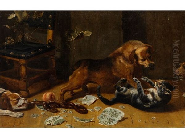 Kampfende Hunde Und Katzen In Einer Kuche Oil Painting by Frans Snyders