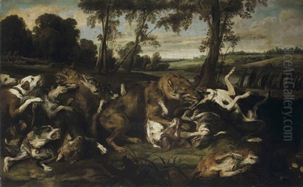 A Wolf Hunt With Hunters Emerging From A Forest Beyond Oil Painting by Frans Snyders