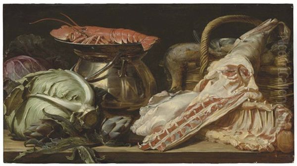 Meat And Game In A Basket, With Cabbage, Artichokes, A Brass Pot And A Lobster In A Pewter Dish, On A Wooden Ledge Oil Painting by Frans Snyders