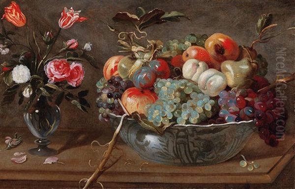 A Still Life Of Fruit And Flowers With Roses And Tulips In A Glass Vase And Pieces Of Fruit In A Wan-li Bowl Oil Painting by Frans Snyders