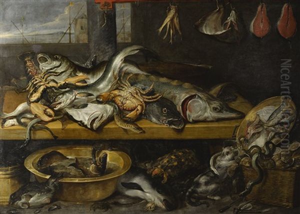 A Fish Stall With A Huge Variety Of Fish And Crustaceans, Including Sturgeon, Eels And Lobsters, Together With A Tortoise Oil Painting by Frans Snyders