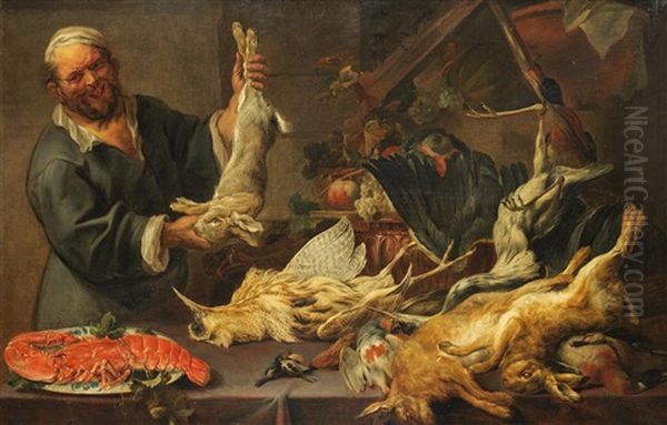 A Cook Holding A Hare And Standing Beside A Draped Table Laden With Dead Hares, A Lobster On A Platter Oil Painting by Frans Snyders