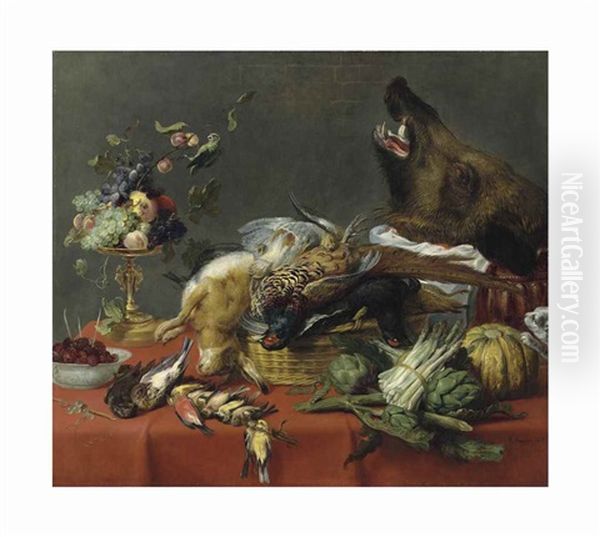 A Draped Table Laden With Game, Fruit, Vegetables And A Boar's Head Oil Painting by Frans Snyders