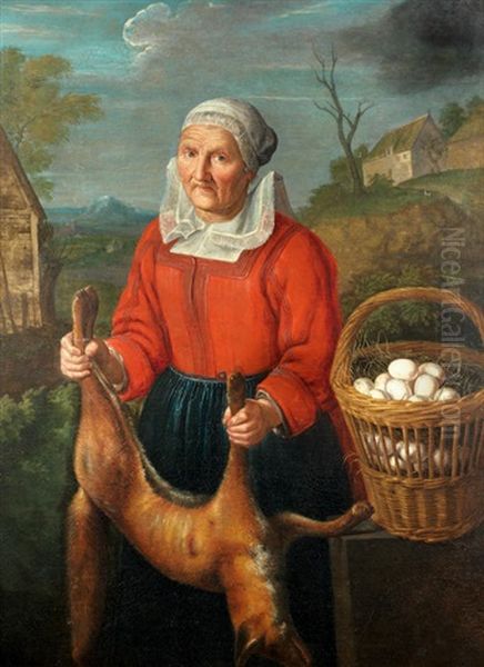 An Old Woman With A Basket Of Eggs, Holding A Dead Fox Oil Painting by Peter (Petrus) Snyers