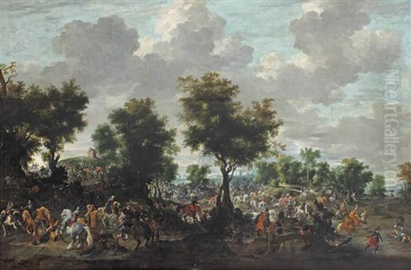 An Extensive Wooded Landscape With Battling Soldiers; Possibly The Battle Of Lekkerbeetje At Vught Oil Painting by Peter (Petrus) Snyers