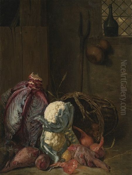 A Vegetable Still Life In An Interior With A Red Cabbage, Together With Cauliflower, Beetroot And Onions In A Wicker Basket Oil Painting by Peter (Petrus) Snyers