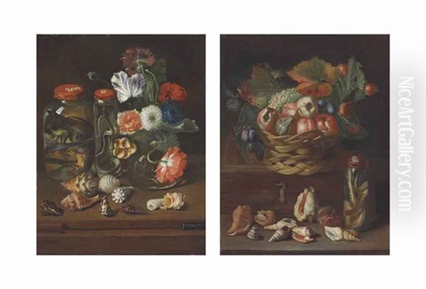 Flowers In A Glass Vase With Reptiles In Preserve Jars And Shells On A Wooden Table; Fruit In A Wicker Basket With A Snake (pair) Oil Painting by Peter (Petrus) Snyers