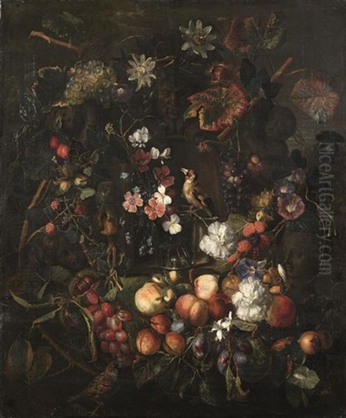 Cartouche Sculpte Et Decore De Fleurs Et De Fruits Anime D'oiseaux Oil Painting by Peter (Petrus) Snyers