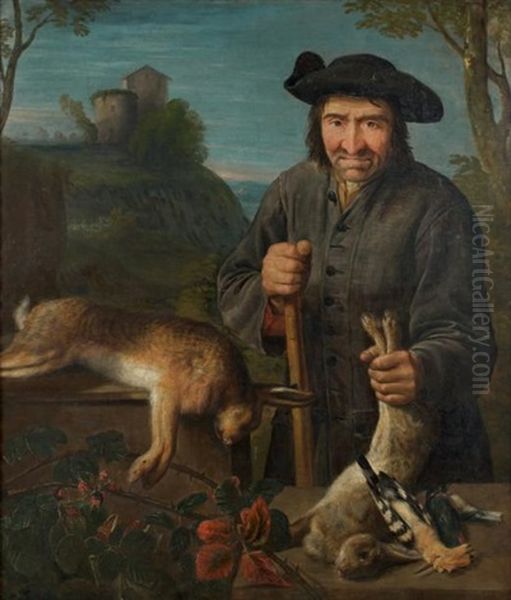 Portrait D'un Garde-chasse Avec Un Trophee De Lievre, Lapins Et Pic Epeiche Oil Painting by Peter (Petrus) Snyers