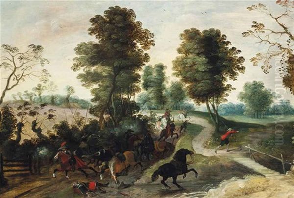 A Cavalry Skirmish On A Track Oil Painting by Peter (Petrus) Snyers