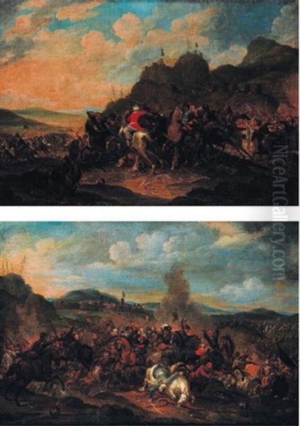 Combat Entre Les Turcs Et Les Chretiens (2 Works) Oil Painting by Peter (Petrus) Snyers