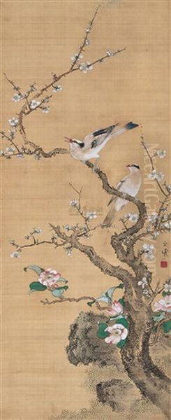 Plum Flower And Birds Oil Painting by Shizan So