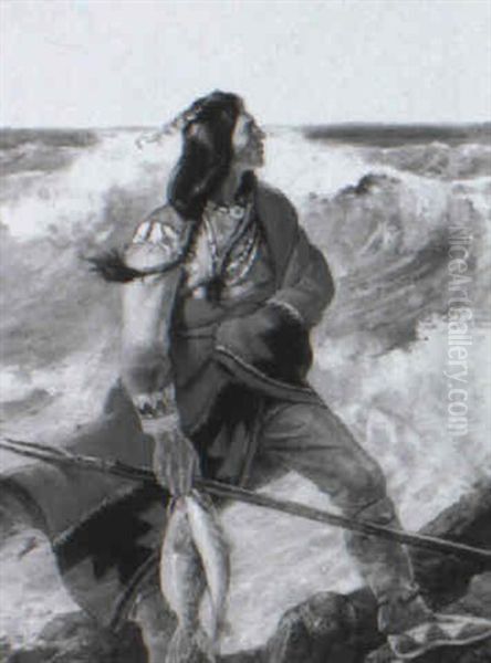 Indian Spearfisherman At Water's Edge Oil Painting by William F. Soare