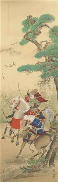 Minamoto No Yoshiie In Full Armour On Horseback Oil Painting by Moikawa Sobun