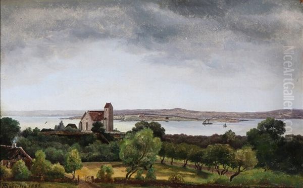 Danish Fiord Landscape With A Church Oil Painting by Frederik Hansen Sodring