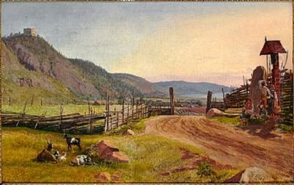 En Udsigt I Jonkopings Lehn Ved Indsoen Til Wettern. I Baggrunden Byen Grenna, I Mellemgrunden Til Venstre Braheshus Ruiner; I Forgrunden Kiorevejen Til Stockholm; Lidet For Solens Nedgang Oil Painting by Frederik Hansen Sodring