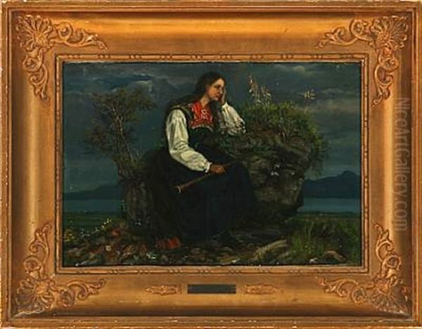 Norwegian Woman With A Wind Instrument Sitting On A Stone Oil Painting by Frederik Hansen Sodring