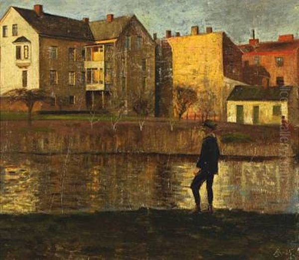 Sunny Autumn Day With Houses And A Man At A Lake Oil Painting by Axel Soeborg