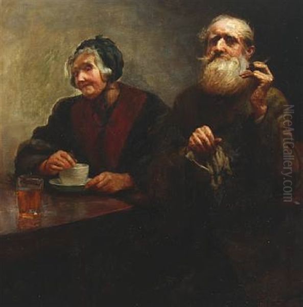 Portrait Of An Elderly Couple At A Table With Drinks Oil Painting by Knud Christian Soeeborg