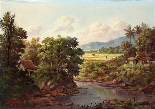 View Of Paddy Fields With A River In The Foreground Oil Painting by  Soekardji