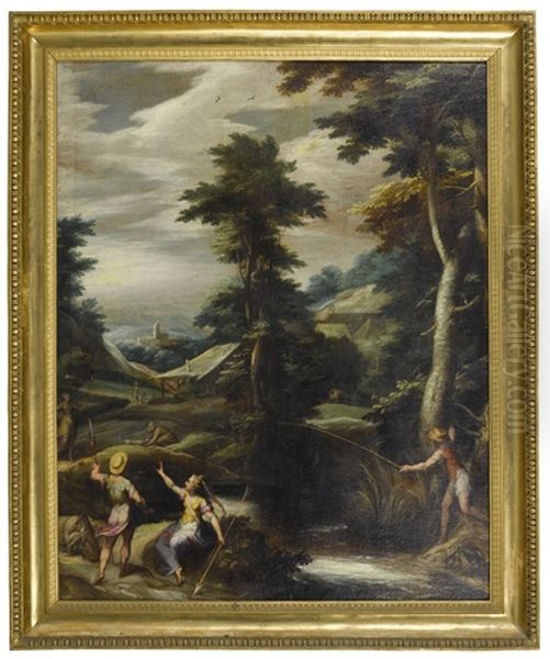 Diana And Actaeon In A Wooded Landscape, With A Hunter And A Fisherman Oil Painting by Jan (Hans) Soens