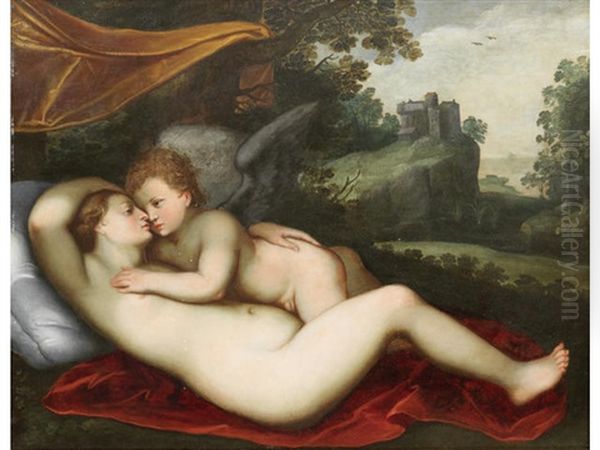 Venus And Cupid, Before A Landscape Oil Painting by Jan (Hans) Soens