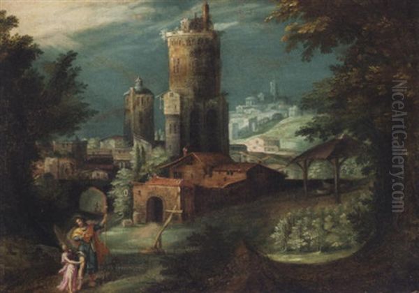 An Extensive Italianate Landscape With Jacob Wresting With The Angel Oil Painting by Jan (Hans) Soens