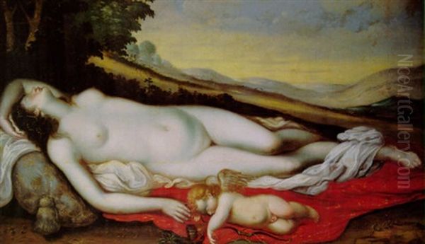 Ruhende Venus Und Amor Vor Landschaftlichem Hintergrund Oil Painting by Johann Jacob Soentgens