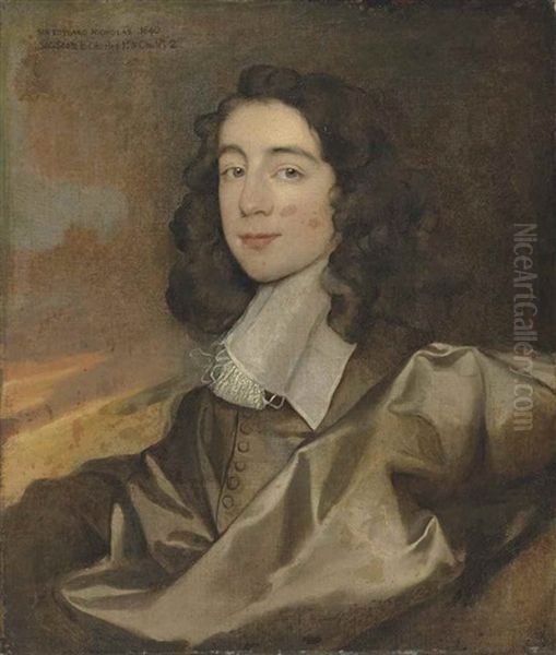 Portrait Of A Gentleman, Traditionally Identified As Edward Nicholas (b. 1624/5), Bust-length, In A Brown Doublet With A White Collar Oil Painting by Gerard van Soest