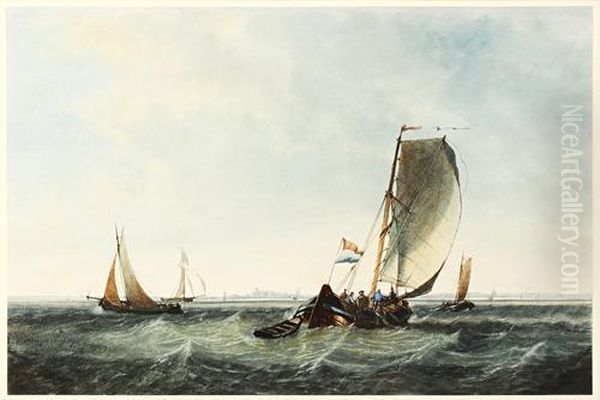 A Dutch Pink And Other Boats Off The Coast Oil Painting by Robert Brandard