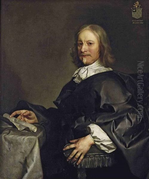 Portrait Of Colonel William Strode, Of Barrington, Near Ilminster, In A Black Mantle With A White Shirt And Neck Tie, Holding A Scroll, Seated In A Green... Oil Painting by Gerard van Soest