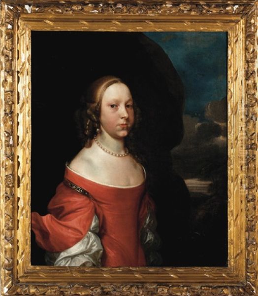 Portrait Of A Lady In Red, Wearing A Stand Of Pearls Oil Painting by Gerard van Soest