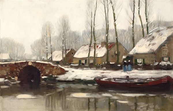 Winterse Boerderijen Aan Een Vaart Oil Painting by Louis Willem Van Soest