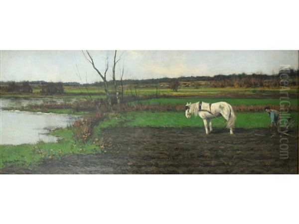 Ploughing The Meadow Oil Painting by Louis Willem Van Soest